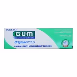GUMOriginal WhiteDentifricePour des dents naturellement blanches75mlElimine en douceur les colorations sans abîmer l’émail grâce à la double action de la silice micronisée et de l'actif StainClearForme des micro-bulles pour une meilleure dispersion sur les surfaces dentairesRenforce et protège l’émail grâce au Fluor (1490 ppm) et à l'IsomaltRevitalise les gencivesSans agent de blanchiment agressif