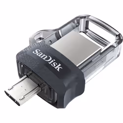 SanDisk Ultra Dual m3.0, 16 Go, USB Type-A / Micro-USB, 3.2 Gen 1 (3.1 Gen 1), Slide, 5,2 g, Noir, Argent, Transparent