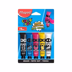 Maped gouache Color'Peps, 12 ml, 5 tubes sur blister Diluable à l'eau. Lavable et bon couvrance. Bouchon à clapet imperdable. ...