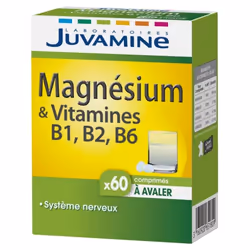 JUVAMINEMagnésium & vitamines B6, B2, B1.Sans sucresArôme naturel orangeComplément alimentaire60 comprimés à avaler Pour les  ...