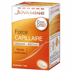 JUVAMINEForce capillaireCroissance + résistancePrêle, ortie, kératine et cystéineComplément alimentaire30 comprimésLes Labora ...