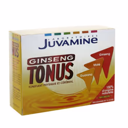 Juvamine Tonus Ginseng 10 Ampoules est un complément alimentaire sous forme d'ampoule buvable à base de plantes.