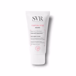 SVR TOPIALYSEMainsCrème nutri-réparatriceMains ultra desséchées et abîméesTesté sur peaux sensiblesSans parabenFabriqué en France 50mlTOPIALYSE MAINS est spécialement formulée pour nourrir et régénérer les mains les plus desséchées et abîmées. Sa formule ultra-concentrée en phase grasse (27%) et en beurre de karité (7%) procure une nutrition intense et un confort immédiat. Enrichie en Omégas 3