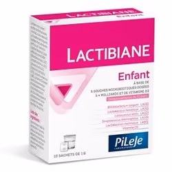 Complément alimentaire Lactibiane enfant des Laboratoires Pileje, sous forme de sachet, à base de 5 souches microbiotiques et ...