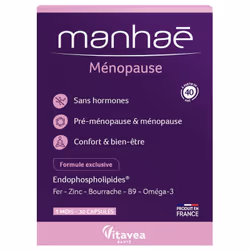 Vitavea Manhaé Sans Hormones Pré-Ménopause Ménopause 30 Capsules est un complément alimentaire sans hormones sous forme de ca ...