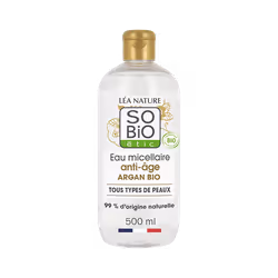 Cette eau micellaire à l'extrait d'argan et en acide hyaluronique nettoie et démaquille votre visage tout en douceur, donc v ...