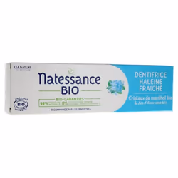 Natessance Dentifrice Haleine Fraîche Bio 75 ml est un dentifrice enrichi en Aloe vera Bio aux propriétés apaisantes, et en c ...