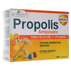 Les 3 Chênes Propolis Défenses Naturelles 10 Ampoules est un complément alimentaire à base de miel, propolis et vitamine C po ...