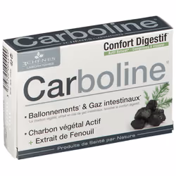 Les 3 Chênes Carboline 30 Comprimés est un complément alimentaire à base de charbon végétal et de fenouil pour soulager les b ...