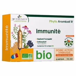 Les 3 Chênes Phyto Aromicell'R Immunité Bio 20 Ampoules est un complément alimentaire à base d'échinacée, sureau, gingembre e ...