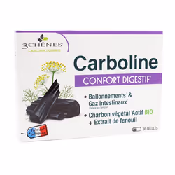 3 CHENESCarbolineBallonnements et gaz intestinaux*Charbon végétalComplément Alimentaire30 gélulesPoids net : 10.68gCARBOLINE® ...