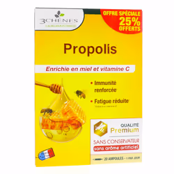 LES 3 CHÊNES Propolis 10 ampoules soutient le système immunitaire grâce à la présence de propolis et de vitamine C. Les 3 chê ...