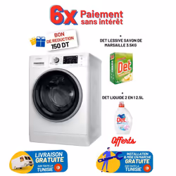 Lave Linge Whirlpool Hublot, 9kg, 1200Tours/min, 6ème sens, Blanc, FFWD 9248 WBS V NA
Capacité (Kg): 9
Type de chargement: Fr ...