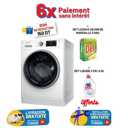 Lave Linge Whirlpool Hublot, 9kg, 1200Tours/min, 6ème sens, Blanc, FFWD 9248 WBS V NA