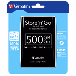 Verbatim Disque dur portable USB Store 'n' Go 3.0, 500 Go, noir, 500 Go, 2.5", 3.2 Gen 1 (3.1 Gen 1), 5400 tr/min, Noir