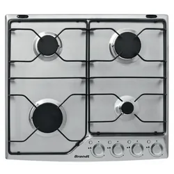 Brandt BPE8610X - Plaque de cuisson encastrable gaz, 4 foyers, 60 cm, 2 grilles émaillées, butane/propane, allumage intégré aux manettes, sécurité thermocouple, Inox