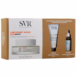 Ce coffret SVR contient une Crème Régénérante Eclat [C20] Biotic 50ml, une Ampoule Hydra [B3] 10ml offerte et une Essence Hyd ...