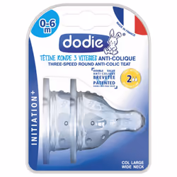 Dodie 2 Tétinees Rondes 3 Vitesses Anti-Colique Débit Moyen 0-6 Mois est une tétine à système de double valve anti-colique br ...