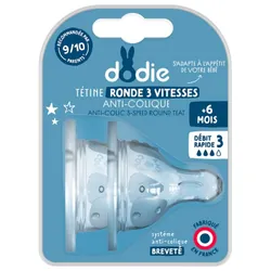 Dodie 2 Tétines Rondes 3 Vitesses Anti-Colique Débit Rapide + 6 Mois