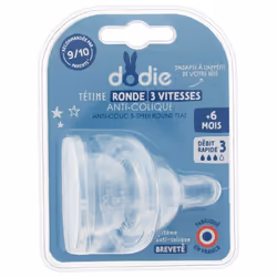 Dodie 2 Tétines Rondes 3 Vitesses Anti-Colique Débit Rapide + 6 Mois est une tétine à système de double valve anti-colique br ...