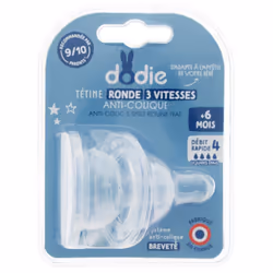 Dodie 2 Tétines Rondes 3 Vitesses Anti-Colique Liquide Epais + 6 Mois est une tétine à système de double valve anti-colique b ...