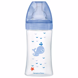 Dodie Biberon Sensation+ 270 ml Débit 2 0-6 Mois est un biberon qui possède une tétine plate anti-colique reproduisant la for ...