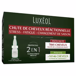 Luxéol Chute de Cheveux Réactionnelle 14 Fioles est un protocole 2 en 1 antichute de cheveux réactionnelle (liée au stress, à ...