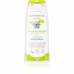 Le gel douche et shampooing 2 en 1 Alphanova Baby Bio lave rapidement et efficacement la peau du corps, mais aussi les cheveu ...