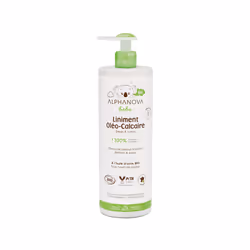 Le Liniment Oléo-Calcaire Alphanova Bébé nettoie en un seul geste, dès la naissance, le siège de bébé, lors de la toilette qu ...