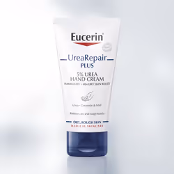 EUCERINUrea repair PLUS5% urée + céramides et NMFCrème mains réparatriceAtténue immédiatement la sécheresse et la rugosité des mainsAbsorption rapide et non collantMains très sèches et rugueuses75ml Les mains sont exposées au froid