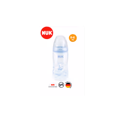 Col large
Biberon en polypropylène incassable
Muni d'une tétine NUK FIRST CHOICE Air System® , Anti-colique
Couleur bleu