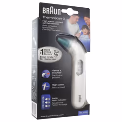 Braun Thermoscan 3 IRT 3030 est un thermomètre auriculaire pour toute la famille qui mesure en une seconde la chaleur infrarouge générée par le tympan et les tissus environnants.
L'indicateur de fièvre audio fonctionne ainsi : 1 bip pour une température normale