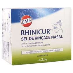 Rhinicur Sel de Rinçage Nasal 20 sachets est un mélange de sels minéraux avec 5% de sel naturel Emser destiné à la préparatio ...