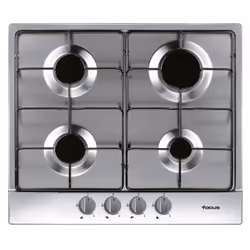 Table de cuisson Focus F401X - 60 cm - Couleur Inox - 4 Brûleurs à gaz - Flamme stabilisée - Grilles et chapeaux de brûleurs  ...