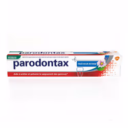 Le dentifrice quotidien parodontax Fraîcheur Intense aide à arrêter et prévenir le saignement des gencives, et procure une se ...