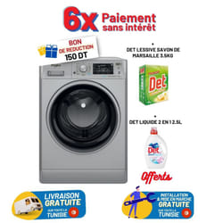 Lave Linge Whirlpool Hublot, 9kg, 1200Tours/min, 6ème sens, Silver, FFWD 9248 SBS V N