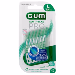 GUM Soft-Picks Pro 30 Unités sont des bâtonnets interdentaires en caoutchouc qui permettent un nettoyage doux et efficace là où la brosse à dents ne va pas. Leur forme incurvée aide à atteindre plus facilement les dents postérieures.