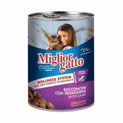 Pâté Gibier Miglior Gatto - Contenance : 405 g - Morceaux en sauce - Idéal pour les petits gourmets - Aidez votre chat à rest ...