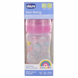 Chicco Well Being Colors Biberon 150 ml Débit Lent 0 Mois et + - Couleur : Rose