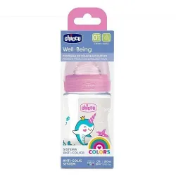 Chicco Well Being Colors Biberon 150 ml Débit Lent 0 Mois et + - Couleur : Rose