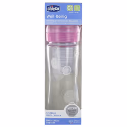 Chicco Well Being Biberon Verre 240 ml Débit Lent 0 Mois et + - Couleur : Rose