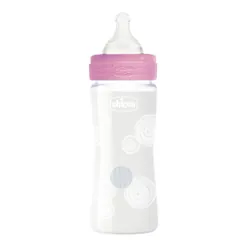 Chicco Well Being Biberon Verre 240 ml Débit Lent 0 Mois et + - Couleur : Rose