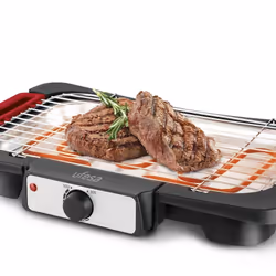 Barbecue Grill Électrique UFESA - Puissance: 2000 Watts - Matériau du cadre: Acier inoxydable - Micro interrupteur de sécurité - L'élément de chauffage s'éteint automatiquement lorsque vous retirez la grille du barbecue - Thermostat réglable - Faible génération de fumée grâce au plateau rempli d'eau - Passe au lave-vaisselle (sauf élément chauffant) - Surface de cuisson: 41
