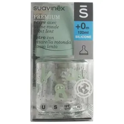 Suavinex Premium Biberon en Verre avec Tétine Ronde Débit Lent 120 ml 0 Mois et + - Modèle : Lapin vert pastel