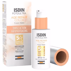 Isdin FotoUltra Age Repair Color Fusion Water SPF50 50 ml est un écran solaire teinté pour le visage à phase aqueuse, avec tr ...