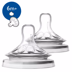 Les tétines Avent Natural 2 Tétines pour Liquides Épaissis 6 Mois et + conviennent aux bébés de 6 mois et plus. Le débit change à mesure que vous tournez le biberon.