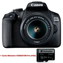APPAREIL PHOTO REFLEX CANON EOS 2000D + OBJECTIF 18-55MM IS + CARTE MÉMOIRE VERBATIM PRO 64GO