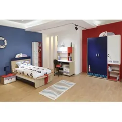 Chambre Enfant MARIN 190x90cm 3 Portes - Blanc / Bleu / Rouge