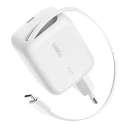 Chargeur secteur Belkin GaN avec câble rétractable 45W / Blanc