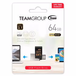 - Clé USB OTG Type C TeamGroup M181 - Capacité 64 Go - Interface USB 3.1 - Vitesses: Jusqu'à 85 Mb/s en Lecture, Jusqu'à 10 M ...